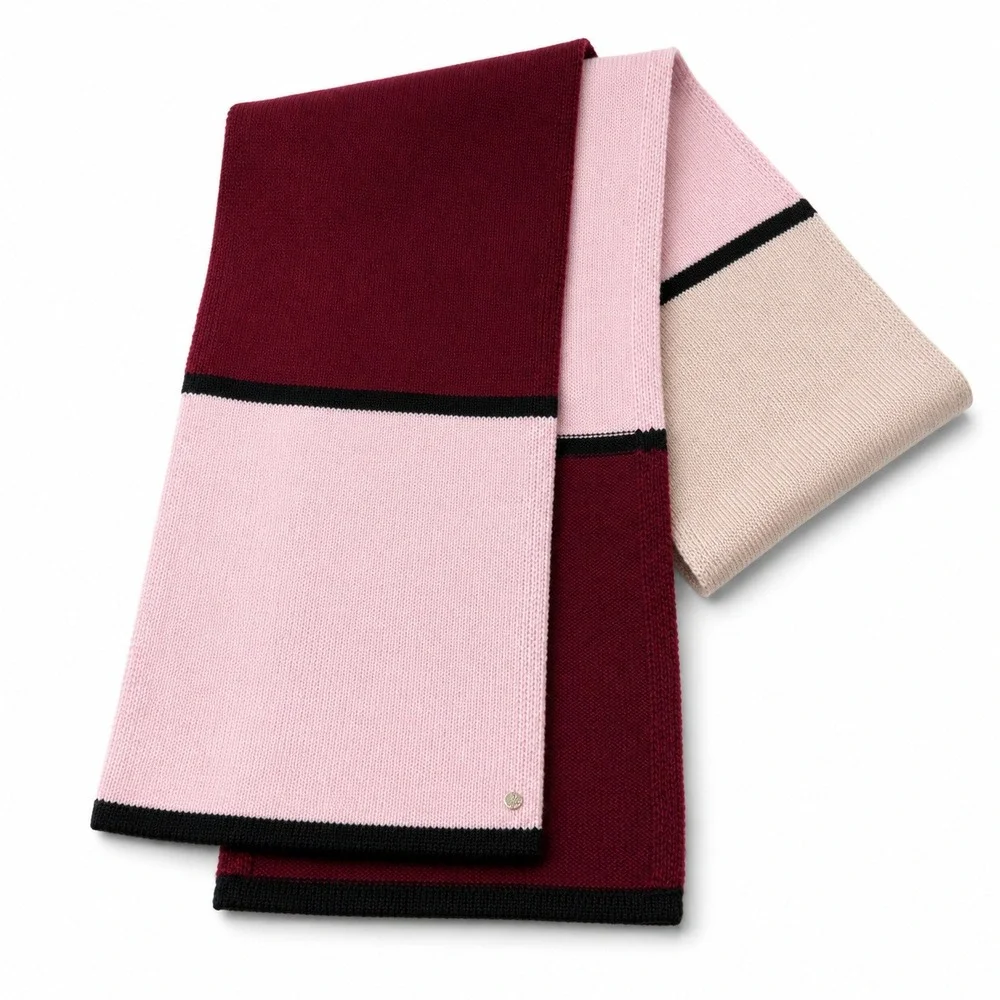 Kate Spade Scarf Colorblock Knit Burgundy Pink Cream Gold Spade Logo Designer